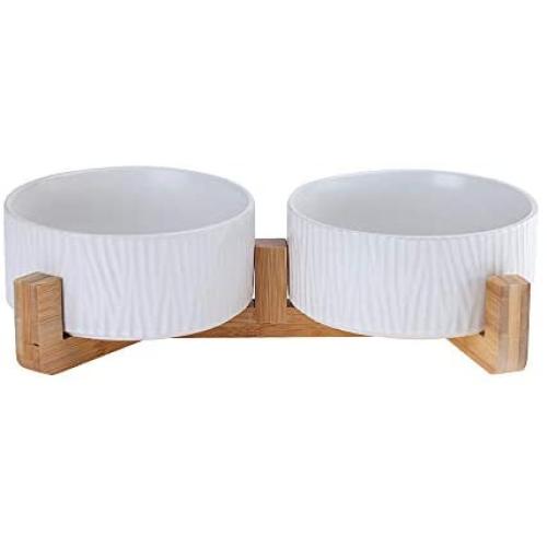 LIONWEI LIONWELI Ceramic Cat Dog Bowl Dish with Wood Stand No Spill Pet Food Water Feeder Cats Medium Dogs