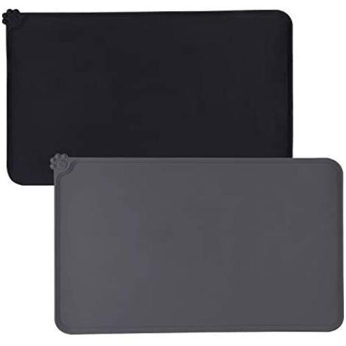 Awpeye Dog Food Mat for Floor Waterproof 2 Pack, Silicone Dog Food Tray, Pet Bowl Feeding Mats for Food and Watert (Small 19''x12'', Black & Gray)…