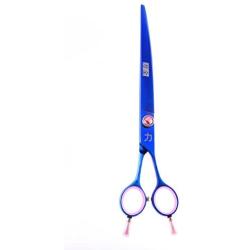 ShearsDirect Japanese 440C Curved Blue Titanium Cutting Shears with Pink Gem Stone Tension and Double Finger Rest, 8.0-Inch