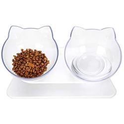 Hkapps Cat Double Food Bowl Pet Food Bowl with Stand,15° Tilted Platform, Reduce Neck Pain Perfect for Small Dog and Cat (Transparent)