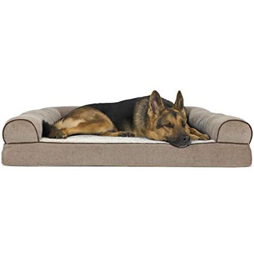 Furhaven Pet Dog Bed - Cooling Gel Memory Foam Faux Fleece and Chenille Soft Woven Traditional Sofa-Style Living Room Couch Pet Bed with Removable Cover for Dogs and Cats