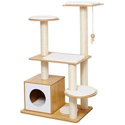 Modern Cat Tree, 6 Level Wooden Cat Tower, Kitten Play House with Sturdy Scratching Posts, Spacious Condo Hanging Ball and Removable Mats