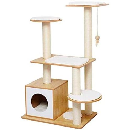 Modern Cat Tree, 6 Level Wooden Cat Tower, Kitten Play House with Sturdy Scratching Posts, Spacious Condo Hanging Ball and Removable Mats