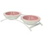 PetRageous 44355 Toftee’s Paws Diner with Two 1-Cup Dishwasher Safe Stoneware Bowl Capacity 10.75-Inch Length 2.25-Inch Tall for Extra Small and Small Dogs and Cats, White Diner with Pink Bowls