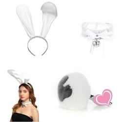 3PCS Lace Bell Collar + Long Rabbit Ears+Rabbit Fur Tail Plug Metal Tail Plug Cosplay Game S~ê~x Toys White Plush Heart Shaped Deeper Massage（L）