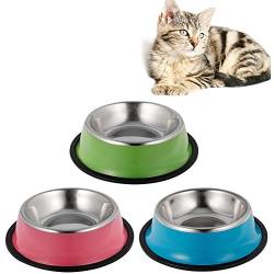 CEREALY 3 Color Dog Bowl Stainless Steel Cat Feeder Bowl Water Bowl with Non-Slip Rubber Base Easy to Clean Pets Feeding Accessories for Small Dogs Cats Pets Kittens Ppuppy Rabbits Hamsters