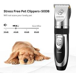 OMORC Dog Clippers, Low Noise Dogs Grooming Kit Rechargeable Cordless Dog Shaver Pet Clippers Professional Dog Hair Trimmer with 4 Comb Guides Scissors Nail Kits for Dogs Cats and Other Animals Silver