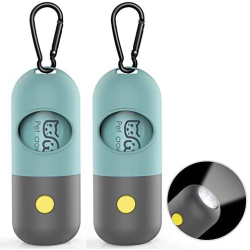 2-Pack Dog Poop Bag Dispenser For Leash, Compatible Pet Waste Bags Holder With Safe LED Flashlight and 15 PCS Biodegradable Extra Thick and Strong Doggy Waste Bags ,9 x 13 Inches By NOVKIN