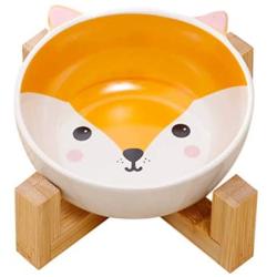 QINYUAN Cat Bowl, Cute Dog Food Water Feeder Pet Puppy Ceramic Drinking Dish with Wooden Rack Non-Slip Tableware Feeding Supply Accessorie