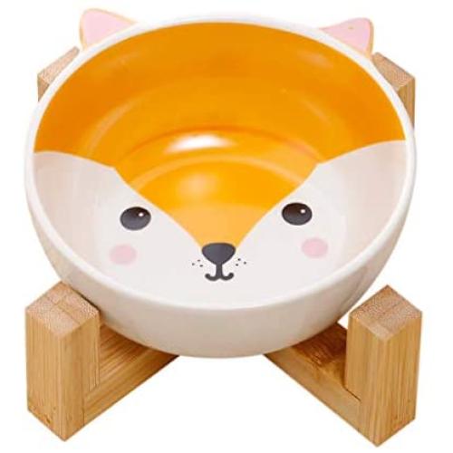 QINYUAN Cat Bowl, Cute Dog Food Water Feeder Pet Puppy Ceramic Drinking Dish with Wooden Rack Non-Slip Tableware Feeding Supply Accessorie