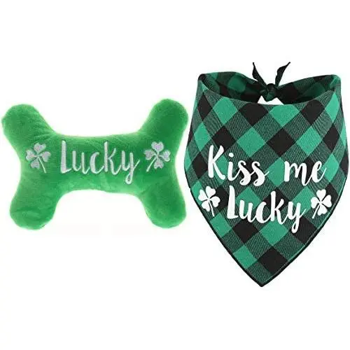 Shamrock Dog Bandana and Plush Dog Squeaky Bone Toy for Small Medium Dogs,Pet Gifts for St. Patricks Day