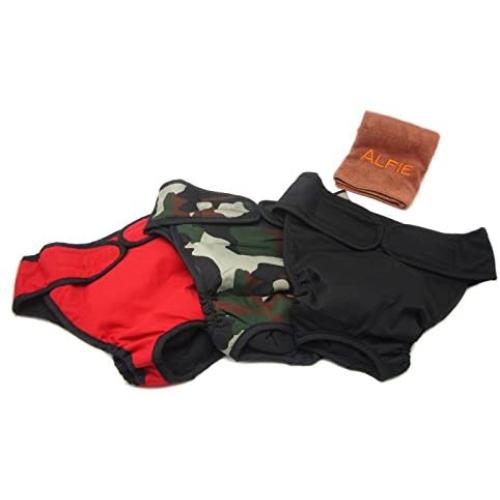 Alfie Pet - Max Diaper Dog Sanitary Pantie 3-Piece Set with Microfiber Fast-Dry Washcloth - Colors: Black, Camo and Red, Size: S (for Girl Dogs)