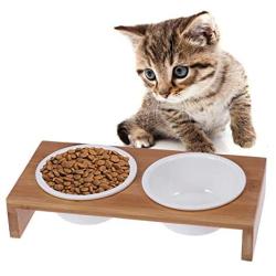 POPETPOP Pet Ceramic Feeding and Water Bowls with Bamboo Frame for Dogs and Cats