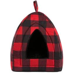 Hollypet Self-Warming 2 in 1 Foldable Comfortable Triangle Cat Bed Tent House, Red Checked