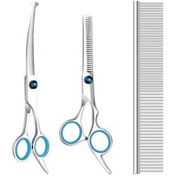 Dog Grooming Scissors with Safety Round Tips, Heavy Duty Titanium Pet Grooming Trimmer Kit, Professional Thinning Shears, Straight Scissors with Comb for Dogs and Cats (Set of 3)