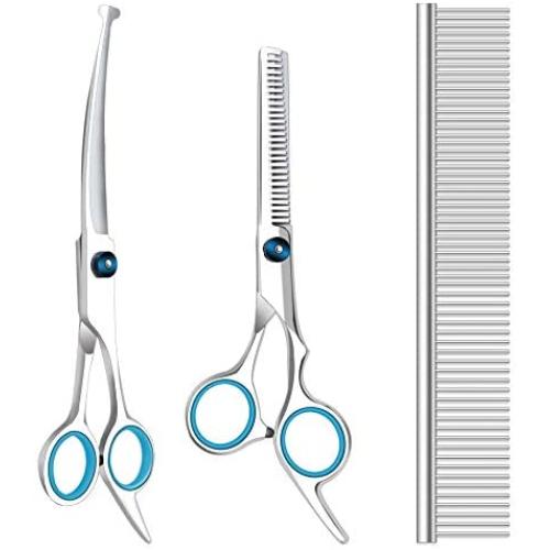 Dog Grooming Scissors with Safety Round Tips, Heavy Duty Titanium Pet Grooming Trimmer Kit, Professional Thinning Shears, Straight Scissors with Comb for Dogs and Cats (Set of 3)