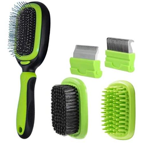 LEWARM Bristle Brush/Pin Brush/Bath&Massage Brush/Dematting Comb/Deshedding Comb for Dogs Cats 5-in-1 Pet Grooming Kit, Remove Undercoat MatsTangled Hair & Improve Circulation