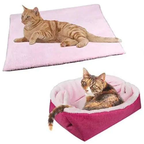 YUNNARL Furry Cat Bed/Mat (Convertible) Self-Warming Cat Mat Light Weight Fur Pet Bed for Cats, Puppy Cat Bed Mat Machine Washable Puppy Bed Best for Indoor Cats Houses, Floor, Car Back Seat Pink