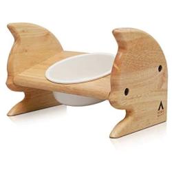 SCOGKATT CS Premium Elevated Cats and Dog Feeder, Single Bowl Raised Stand with Ceramic Bowl Included. Made from Natural Rubber Wood Perfect for Small Cats and Dogs