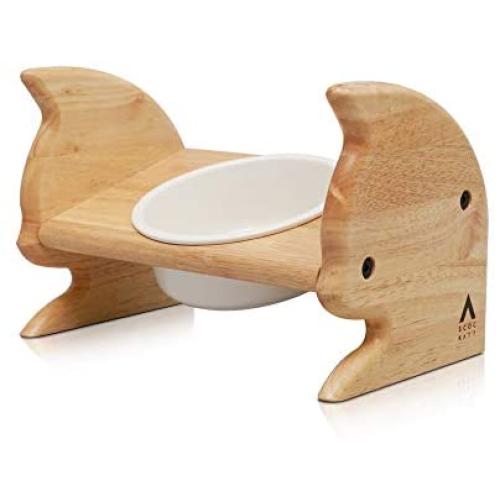 SCOGKATT CS Premium Elevated Cats and Dog Feeder, Single Bowl Raised Stand with Ceramic Bowl Included. Made from Natural Rubber Wood Perfect for Small Cats and Dogs