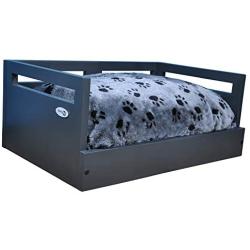 Iconic Pet Sassy Paws Wooden Pet Bed with Paw Printed Comfy Cushion for Dogs & Cats in Varying Sizes & Colors