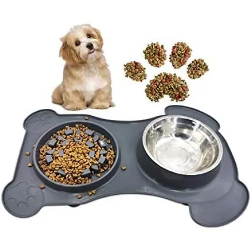 Slow Feeder Dog Bowls, Silicone Mat with 15 Strong Sucker Stainless Steel Bowl Non-Toxic Eco-Friendly Collapsible Removable Premuim Water Bowl for Small Cats Dogs and Pets Color Gray by Jell-Cell Slow Feeder Dog Bowls, Silicone Mat with 15 Strong Sucker Stainless Steel Bowl Non-Toxic Eco-Friendly Collapsible Removable Premuim Water Bowl for Small Cats Dogs and Pets Color Gray by Jell-Cell