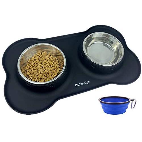 Cadosoigh Pet Double Bowls Non Slip Dog Bowls Stainless Steel Bowls Set with Non-Spill Silicone Mats Tray for Small Middle cat Puppy… (Black)