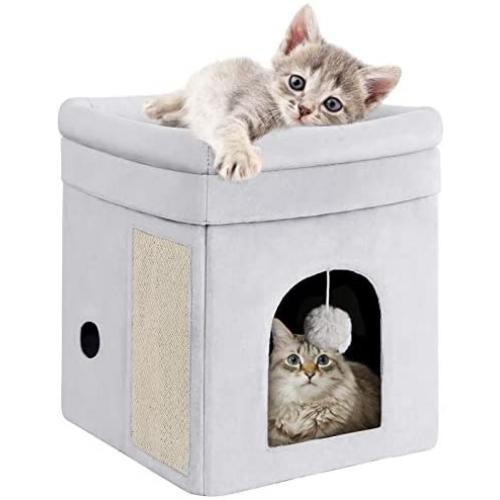 Mancro Cat House with Bed, Cat Cube Machine Washable Design, Foldable Cat Hiding Place with Cat Scratch Board & Cat Ball, Sturdy Construction and Non-Slip Indoor Cat Bed for Kitty 14x14x16inch, Grey