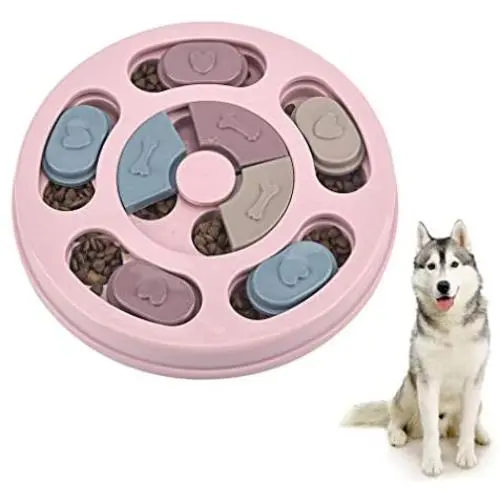 Interactive Dog Puzzle Slow Feeder,Seek-a-Treat Pet Food Dispenser,Stimulate IQ Brain Game Training Toys,Anti-Slip Slow Eat Dogs Feed Bowl for Beginner,Puppy,Small,Medium and Large Pets,Pink Round