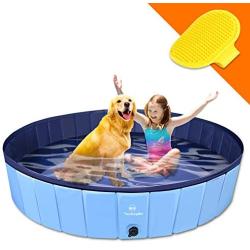 TantivyBo Hard Plastic Dog Kiddie Pool - 100% PVC Slip-Resistant 32/ 47/ 63 Foldable Outdoor Small Pools with Bath Brush for Dogs Cats and Kids