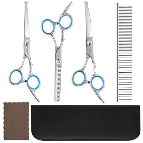 Fu Feng Professional Pet Dog Grooming Scissors Kit with Safety Round Tip Suitable for Cats and Dogs-Straight & Thinning & Curved Scissors & Combs