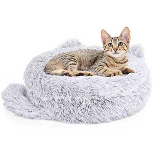 Pecute Cat Bed Plush Round Dog Bed, Pet Calming Donut Cuddler Fluffy Cozy Cat Cushion Bed Warm Sofa Non-Slip, Washable Easy to Clean (21.7'' x 5.9'', Light Grey)