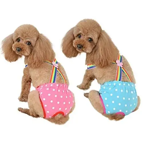 KOESON Female Dog Diapers, Reusable Washable Pet Sanitary Pants, Elastic Suspender with Adjustable Button and Polka Dots Print for Small and Medium Girl Doggy, Pack of 2 KOESON Female Dog Diapers, Reusable Washable Pet Sanitary Pants, Elastic Suspender with Adjustable Button and Polka Dots Print for Small and Medium Girl Doggy, Pack of 2