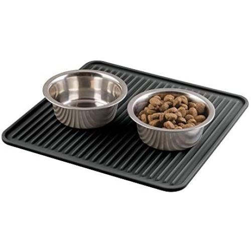 mDesign Premium Quality Square Pet Food and Water Bowl Feeding Mat for Dogs and Puppies - Waterproof Non-Slip Durable Silicone Placemat - Food Safe, Non-Toxic - Medium - Black