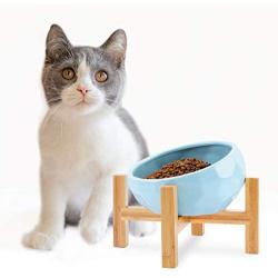 WANTRYAPET Ceramic Raised Cat Bowl with Wood Stand,Elevated Food or Water Bowls,Pet Food Water Feeder Cats Small Dogs（Blue）