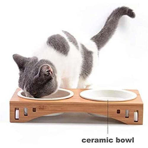 Companet Pet Raised Bowl Dog Cat Food Water Bowl Pet Dishes, Pet Feeder Pet Feeding Bowl with Detachable Raised Bamboo Stand Pet Food Feeder for Cats or Small Dogs - Cermic Bowls Double