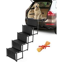 Portable Dog Car Stairs, 4/5-Step Folding Lightweight Pet Ramps with Metal Frame and Wide Steps, Dog Ladder with Non-Slip Surface for Couch, High Beds, Trucks, Cars and SUV, Supports up to 150 lbs