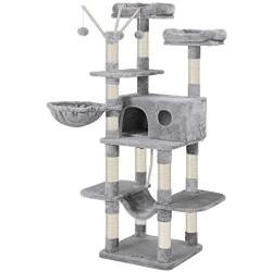 FEANDREA Cat Tree, Large Cat Tower, 64.6 Inches, Cat Activity Center with Hammock, Basket, Removable Fur Ball Sticks, Cat Condo