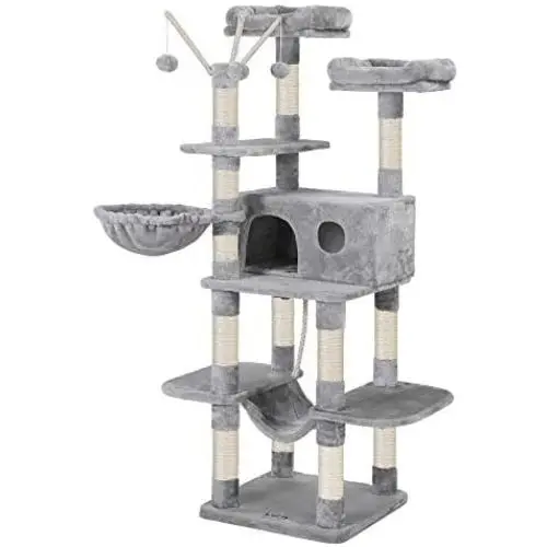 FEANDREA Cat Tree, Large Cat Tower, 64.6 Inches, Cat Activity Center with Hammock, Basket, Removable Fur Ball Sticks, Cat Condo