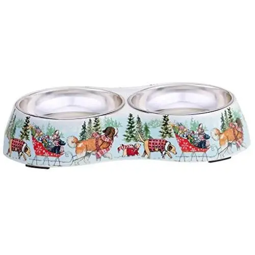 Certified International Special Delivery 12 oz. Double Serve Bamboo Fiber Pet Bowl with Stainless Steel Inserts, Multicolored Certified International Special Delivery 12 oz. Double Serve Bamboo Fiber Pet Bowl with Stainless Steel Inserts, Multicolored
