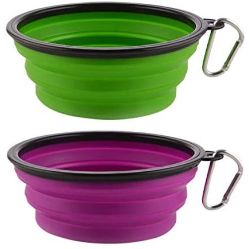 Large Collapsible Dog Bowls, 34oz Portable Foldable Travel Water Bowl Food Dishes with Carabiner Clip for Traveling, Hiking, Walking, 2 Pack ( Purple+Green )