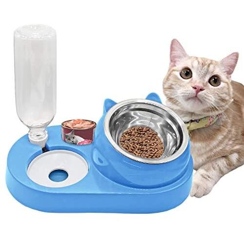 3-in-1 Cat Feeding Bowls - Pets Water Food Bowl Set, 15°Tilted Food Bowl Set Automatic Water Bottle for Cats (Blue)