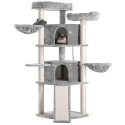 Hey-bro Extra Large Multi-Level Cat Tree Condo Furniture with Sisal-Covered Scratching Posts, 2 Bigger Plush Condos, 2 Perch Hammock, Scratching Posts Smoky Gray MPJ031G