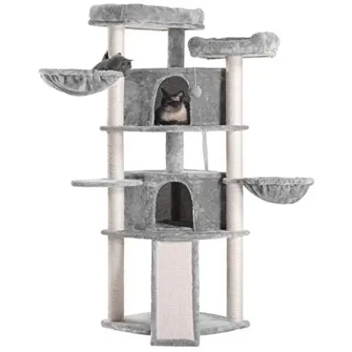 Hey-bro Extra Large Multi-Level Cat Tree Condo Furniture with Sisal-Covered Scratching Posts, 2 Bigger Plush Condos, 2 Perch Hammock, Scratching Posts Smoky Gray MPJ031G Hey-bro Extra Large Multi-Level Cat Tree Condo Furniture with Sisal-Covered Scratching Posts, 2 Bigger Plush Condos, 2 Perch Hammock, Scratching Posts Smoky Gray MPJ031G