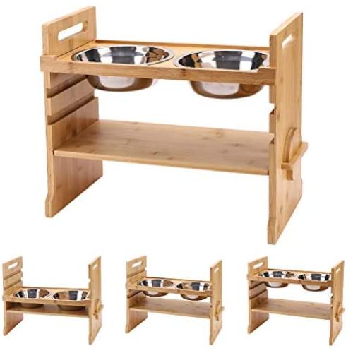 Pet Raised Bowls for Dogs and Cats, Draw Design Adjustable Bamboo Elevated Feeder Stand with 2 Stainless Steel Food and Water Bowls