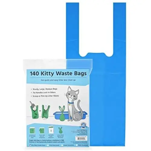Doggie Walk Bags Kitty Waste Bags Cat Litter Bags with Easy Tie Handles, Extra Large and Leak Proof, Fits Large Sized Scoops, Blue Baby Powder Scented, 5 x 7 x 17 Inches