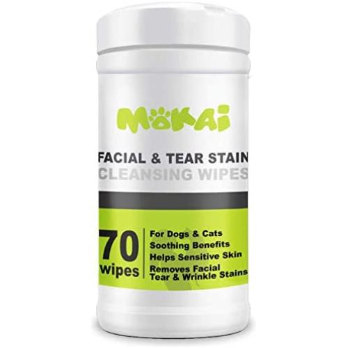 MOKAI Facial Wrinkle Eye and Tear Stain Wipes for Dogs and Cats | Extra Soft Wipes with Mild Fragrance-Free Formula that Removes Eye Discharge and Reduce Tear and Saliva Stains (70 Wipes)