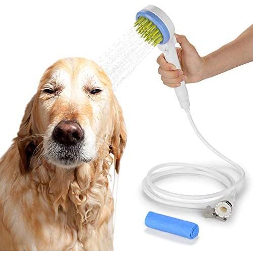OWNPETS Pet Bath Shower Sprayer Attachment, Adjustable Pet Bathing Tools Shower Sprayer with Towel, Dog Combing Water Sprinkler Brush for Dogs Cats Puppies, Easy at Home Dog Cleaning, Massaging
