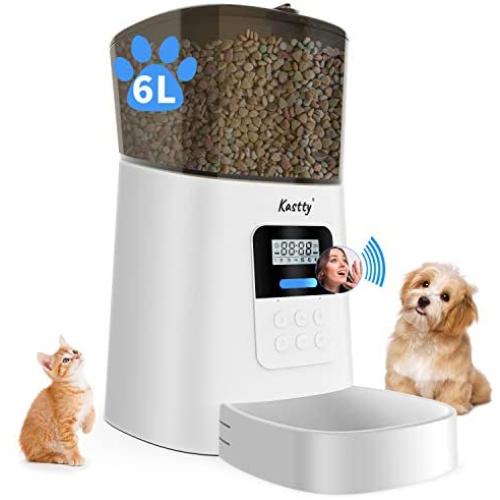 Kastty Automatic Cat Feeder, 6L Dog Food Dispenser for Small Pets, 50 Portions Control for Small & Medium Pets, Voice Recorder and Programmable Timer for up to 6 Meals Per Day