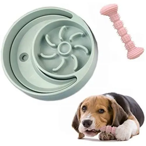 Arestle 2 Pack Pets Double Feeding Bowls and Dog Cat Bone/Gear Aggressive Chewers Bite Toothbrush Toy, Anti-Choke Slow Eat Feeder Anti-Wet Mouth Clean Water Bowl